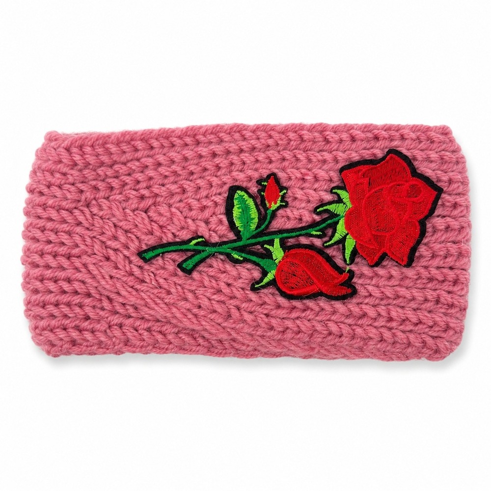Pink Chunky Knit Headband Red Rose Embroidered Ear Warmer NEW‎